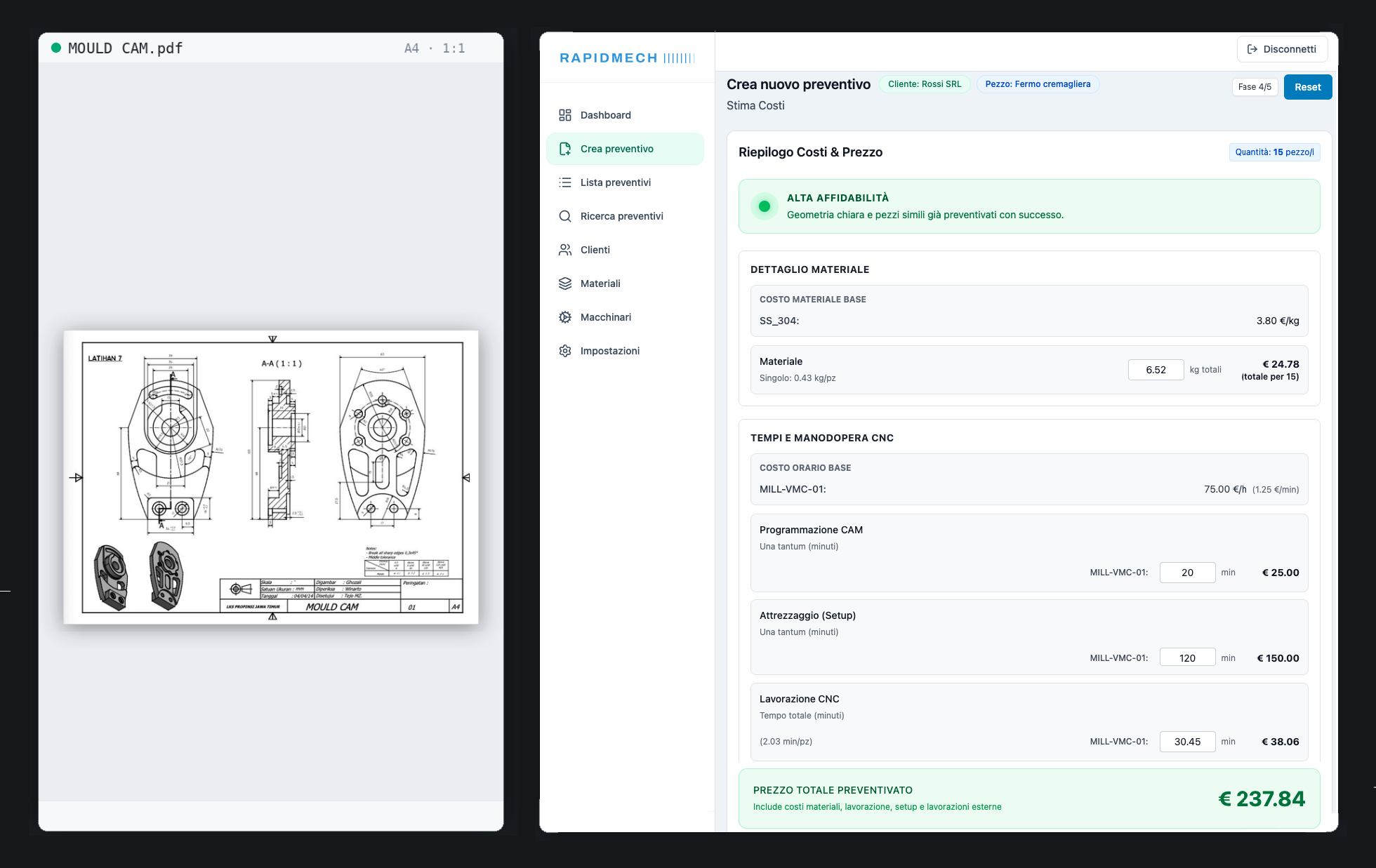 RapidMech scompone il preventivo per fasi: materiale, tempi e manodopera CNC, extra e prezzo totale, a partire dal disegno tecnico